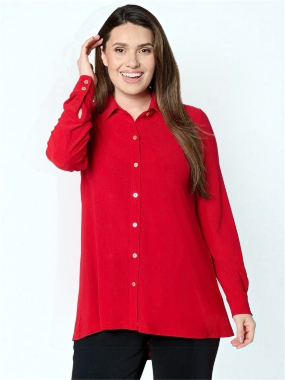 DENNIS by Dennis Basco Caviar Crepe Knit Button Front Big Shirt w/ Hi-Low Hem